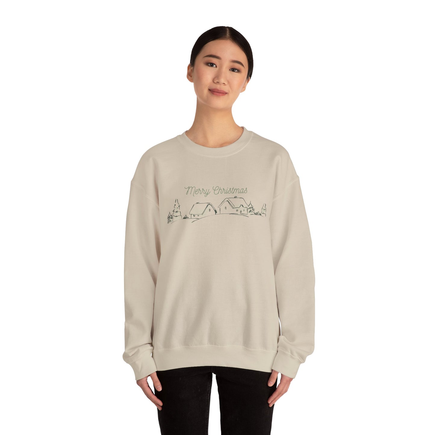 Christmas Village Crewneck Sweatshirt — "Merry Christmas" Minimal Holiday Sweatshirt