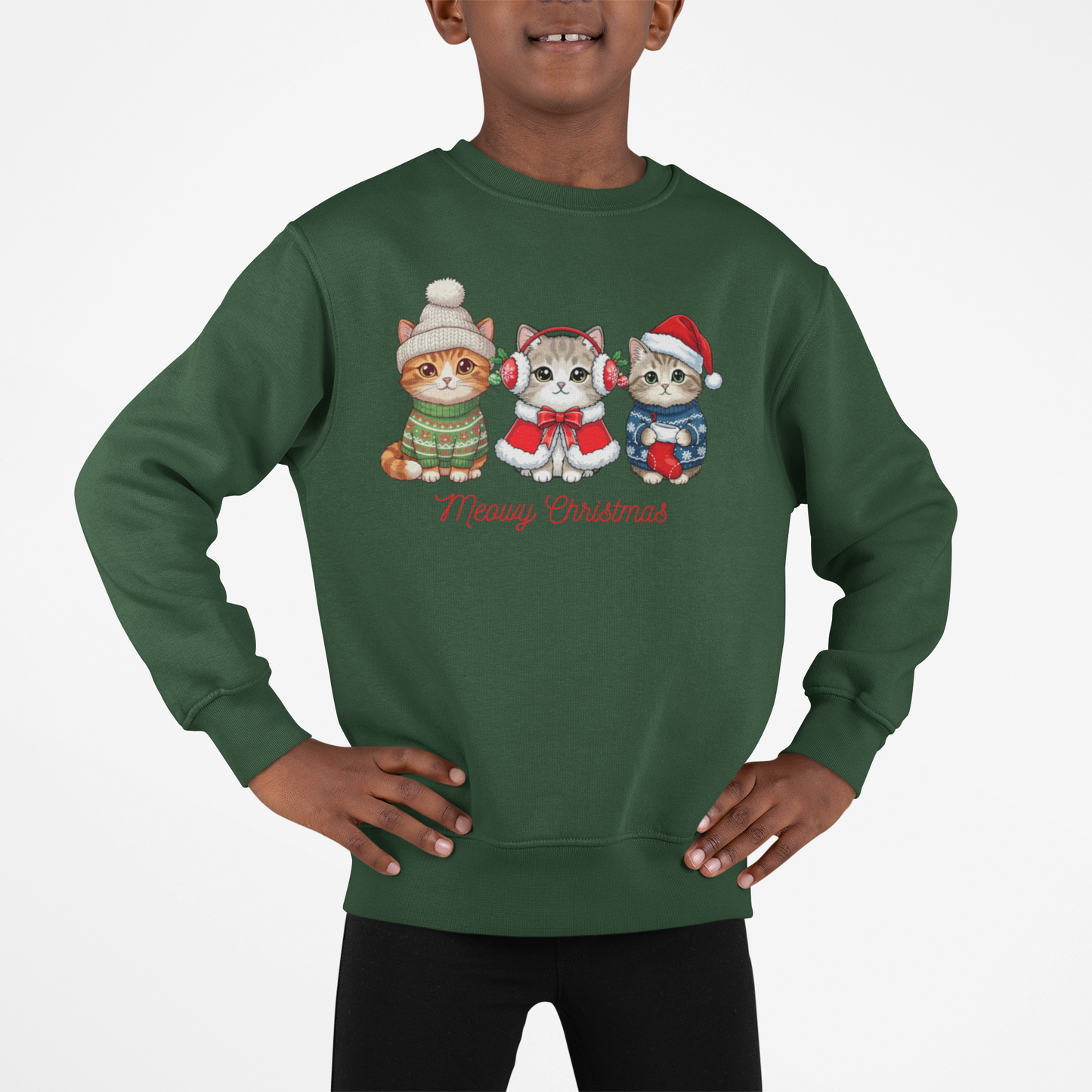 Youth Holiday Crewneck Sweatshirt — Cute Kittens in Winter Hats (Merry Christmas)
