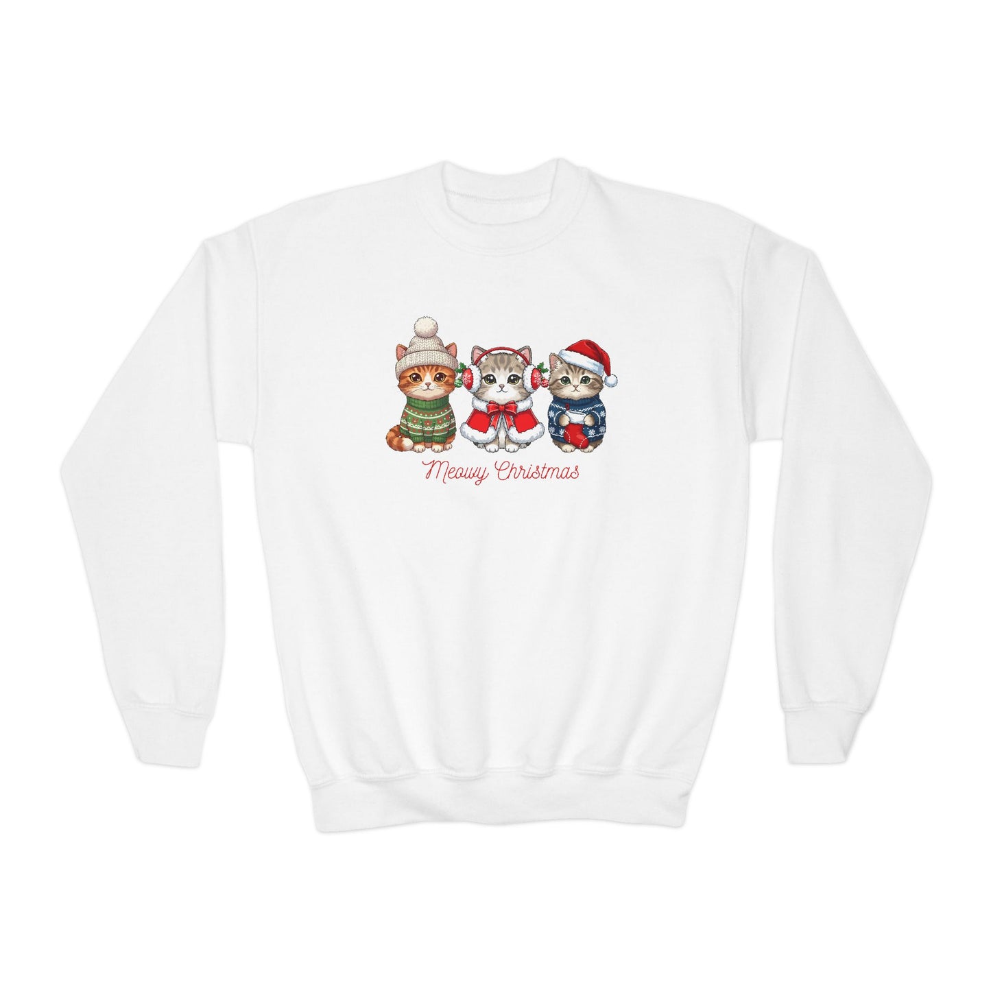 Youth Holiday Crewneck Sweatshirt — Cute Kittens in Winter Hats (Merry Christmas)