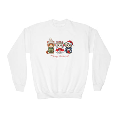 Youth Holiday Crewneck Sweatshirt — Cute Kittens in Winter Hats (Merry Christmas)
