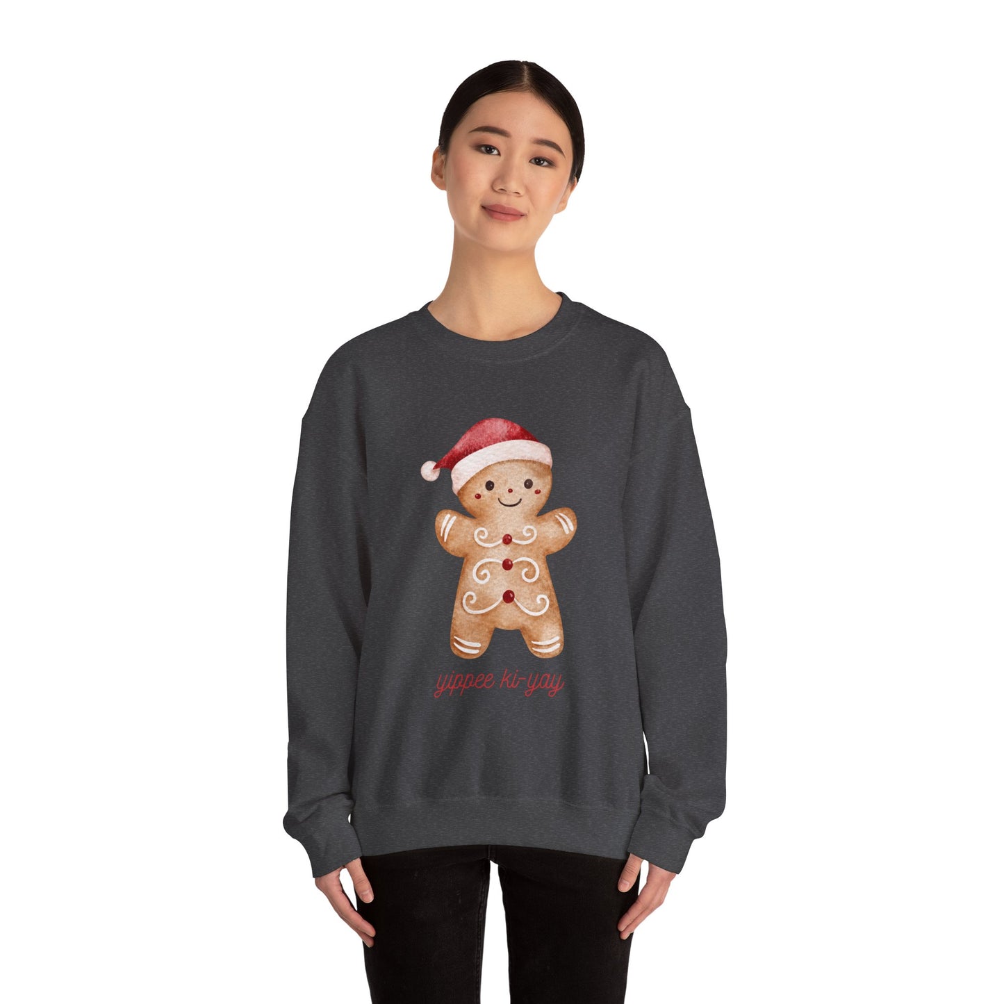 Crewneck Sweatshirt — Cute Gingerbread Cookie Santa Hat “Yippee Ki-Yay” Holiday Pullover