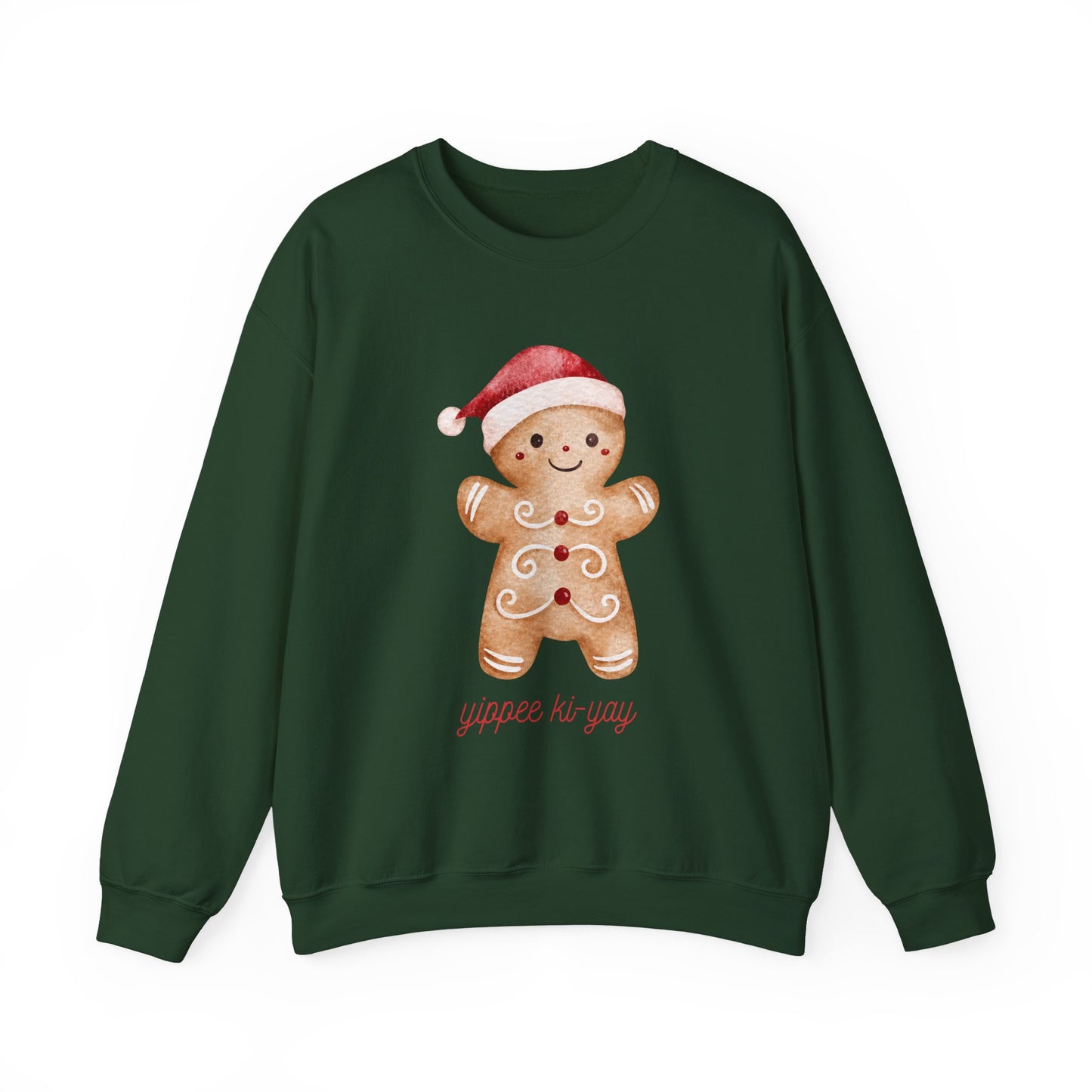 Crewneck Sweatshirt — Cute Gingerbread Cookie Santa Hat “Yippee Ki-Yay” Holiday Pullover