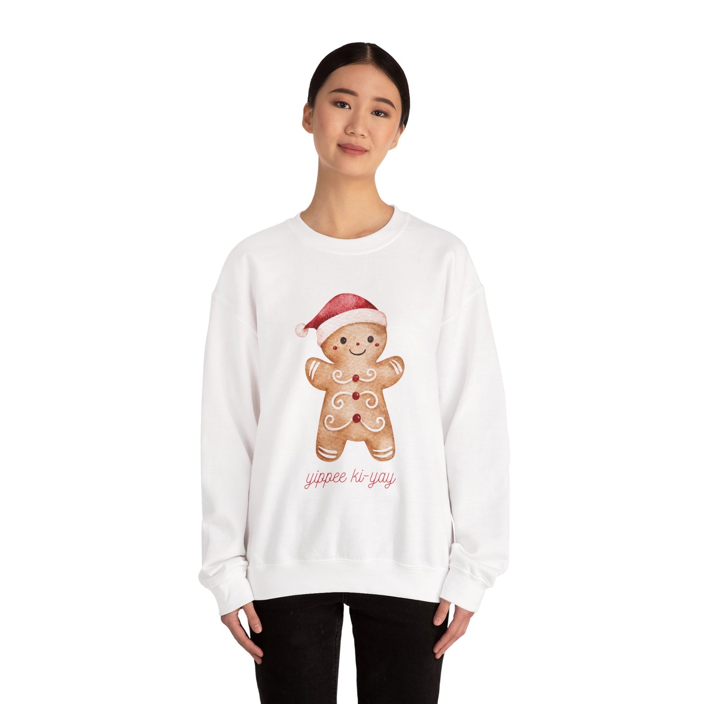 Crewneck Sweatshirt — Cute Gingerbread Cookie Santa Hat “Yippee Ki-Yay” Holiday Pullover