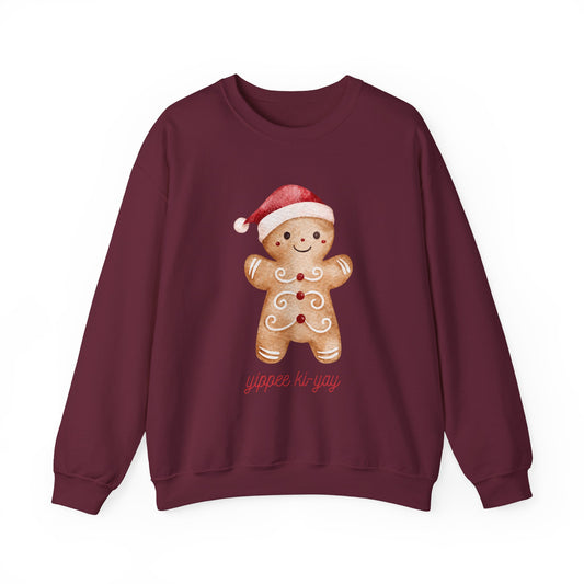Crewneck Sweatshirt — Cute Gingerbread Cookie Santa Hat “Yippee Ki-Yay” Holiday Pullover