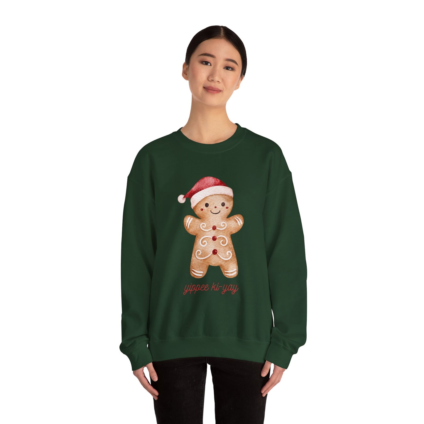 Crewneck Sweatshirt — Cute Gingerbread Cookie Santa Hat “Yippee Ki-Yay” Holiday Pullover