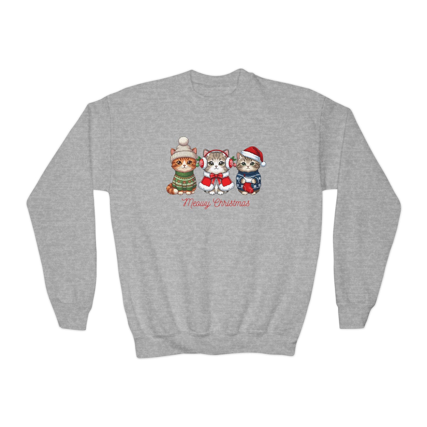 Youth Holiday Crewneck Sweatshirt — Cute Kittens in Winter Hats (Merry Christmas)