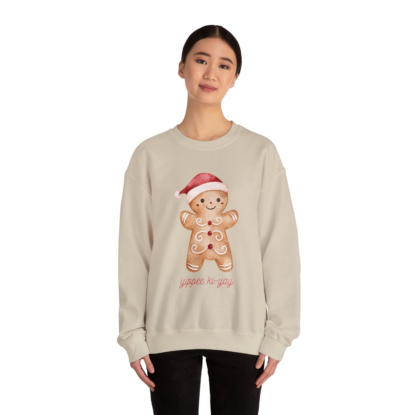 Crewneck Sweatshirt — Cute Gingerbread Cookie Santa Hat “Yippee Ki-Yay” Holiday Pullover