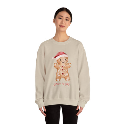 Crewneck Sweatshirt — Cute Gingerbread Cookie Santa Hat “Yippee Ki-Yay” Holiday Pullover
