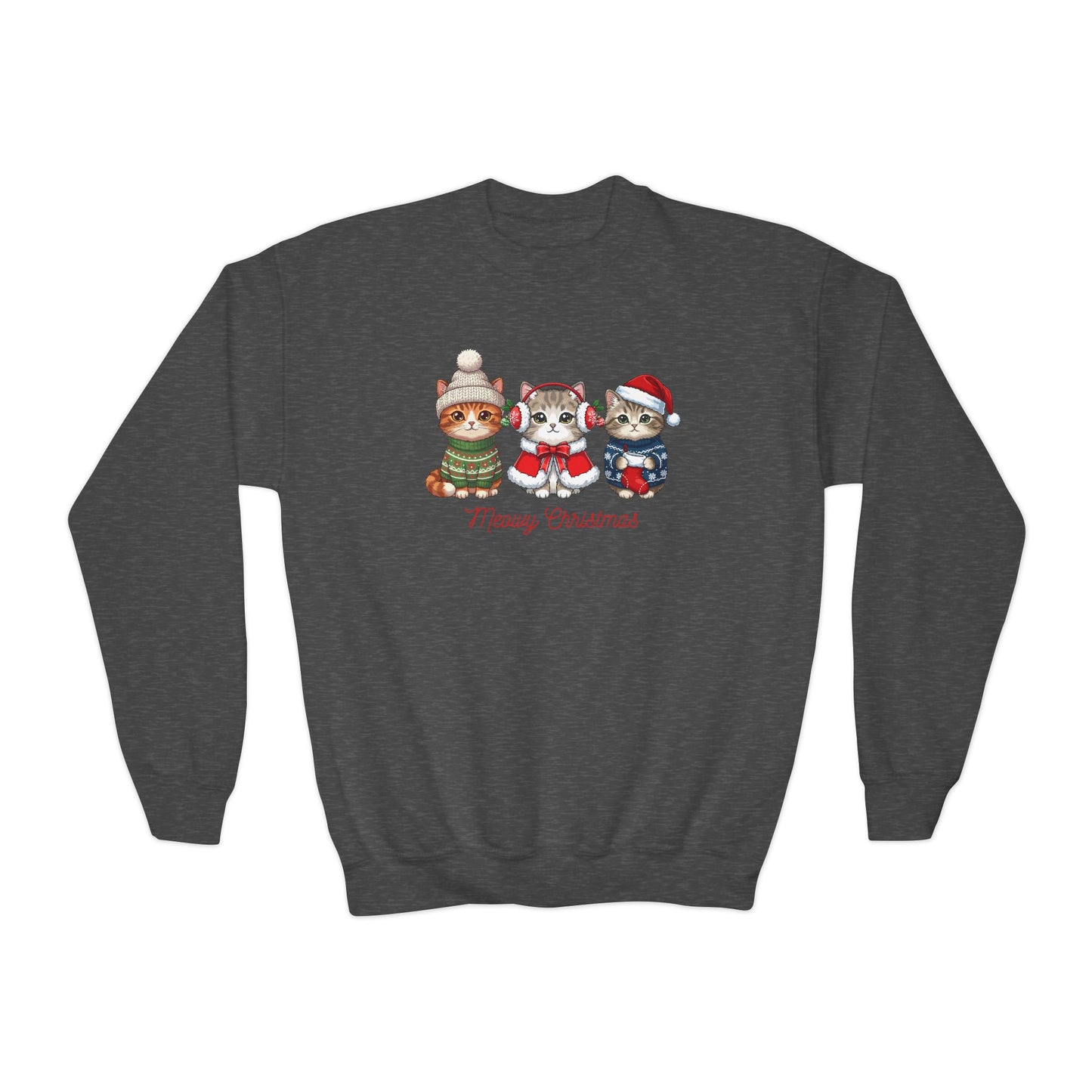 Youth Holiday Crewneck Sweatshirt — Cute Kittens in Winter Hats (Merry Christmas)