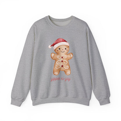 Crewneck Sweatshirt — Cute Gingerbread Cookie Santa Hat “Yippee Ki-Yay” Holiday Pullover