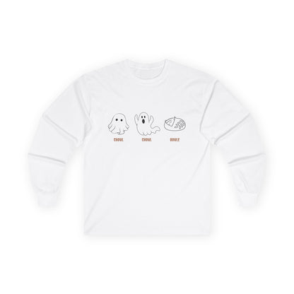 Ghost Themed Unisex Long Sleeve Tee | Cute Graphic Tee, Halloween Shirt, Casual Wear, Gift for Friends, Spooky Season Apparel