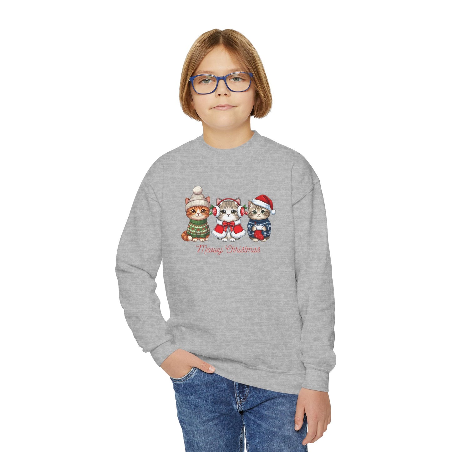 Youth Holiday Crewneck Sweatshirt — Cute Kittens in Winter Hats (Merry Christmas)