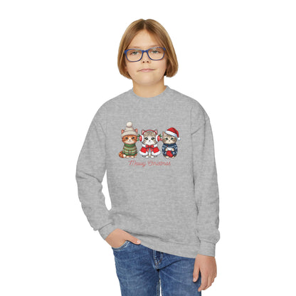 Youth Holiday Crewneck Sweatshirt — Cute Kittens in Winter Hats (Merry Christmas)