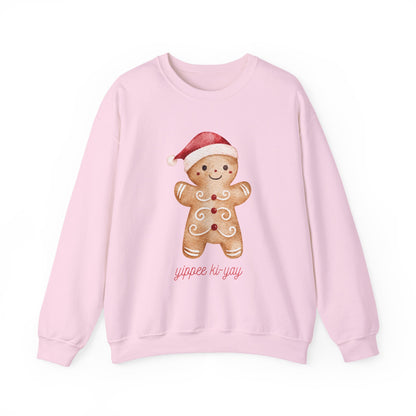 Crewneck Sweatshirt — Cute Gingerbread Cookie Santa Hat “Yippee Ki-Yay” Holiday Pullover