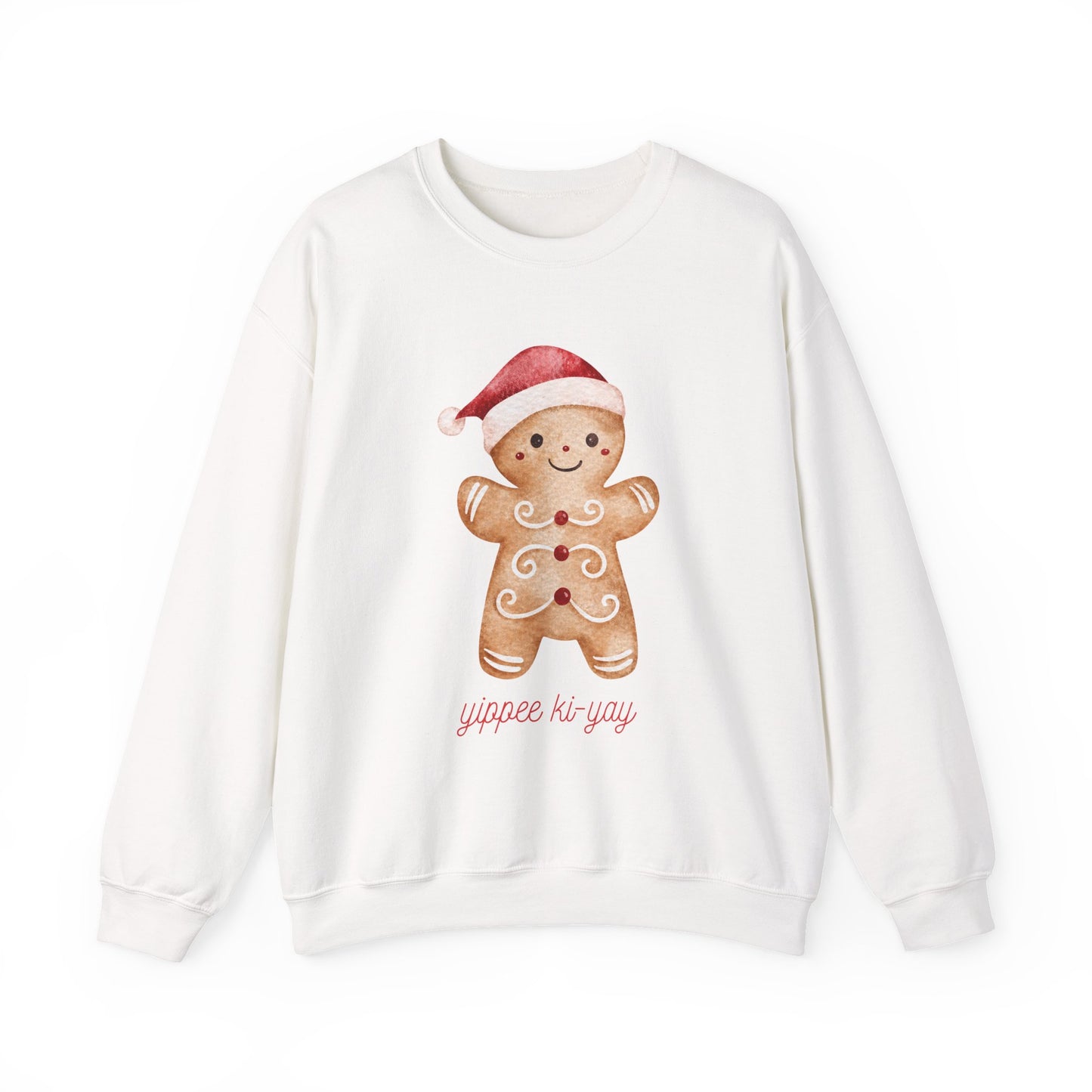 Crewneck Sweatshirt — Cute Gingerbread Cookie Santa Hat “Yippee Ki-Yay” Holiday Pullover
