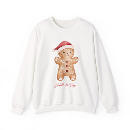Crewneck Sweatshirt — Cute Gingerbread Cookie Santa Hat “Yippee Ki-Yay” Holiday Pullover