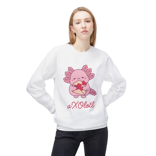 Axolotl Valentine Adult Sweatshirt — Cute Pink Axolotl Holding Heart Crewneck