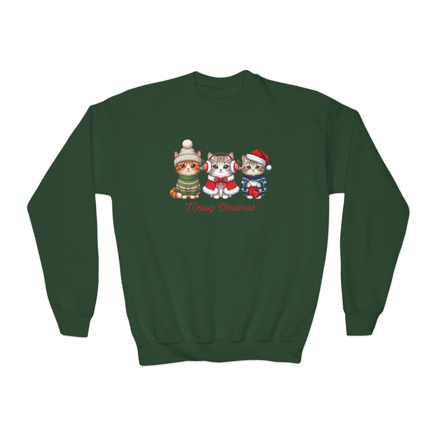 Youth Holiday Crewneck Sweatshirt — Cute Kittens in Winter Hats (Merry Christmas)