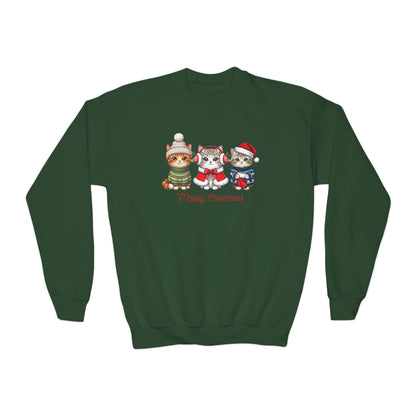 Youth Holiday Crewneck Sweatshirt — Cute Kittens in Winter Hats (Merry Christmas)