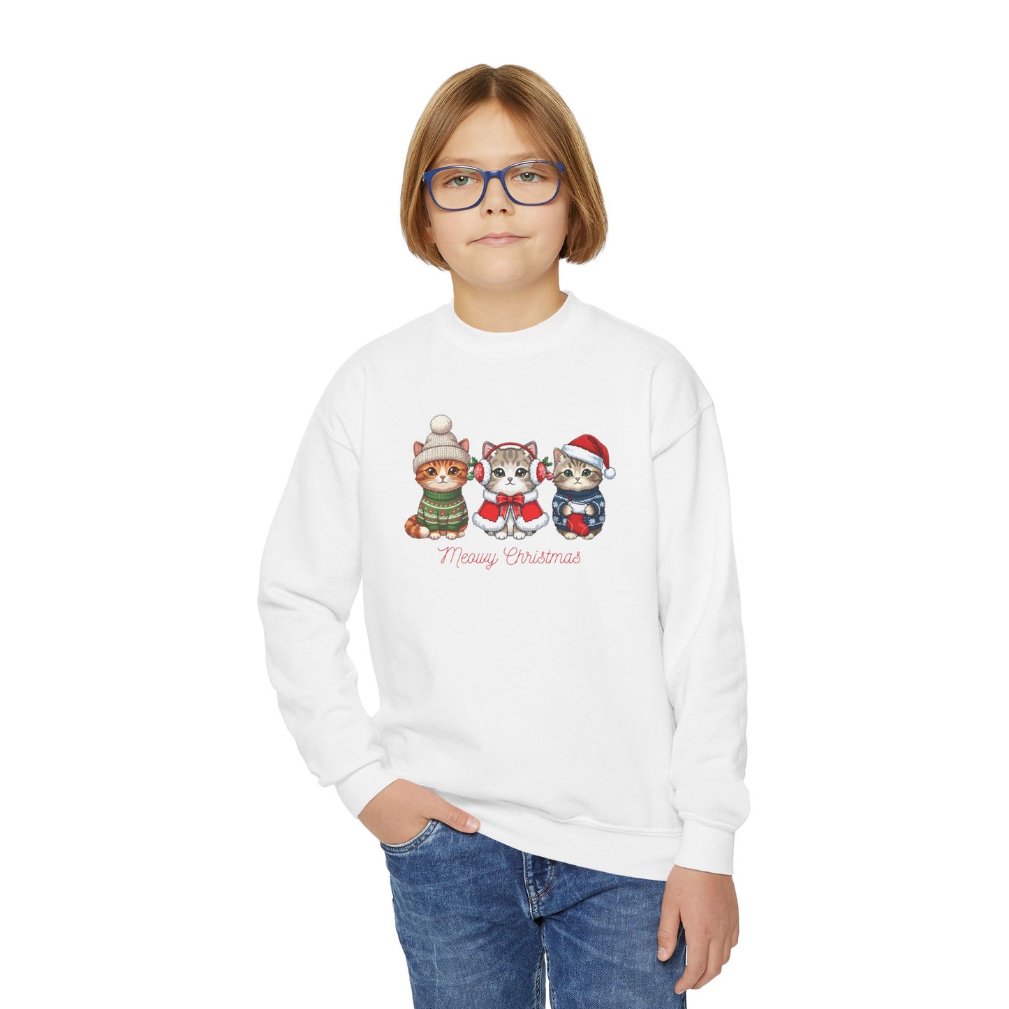 Youth Holiday Crewneck Sweatshirt — Cute Kittens in Winter Hats (Merry Christmas)