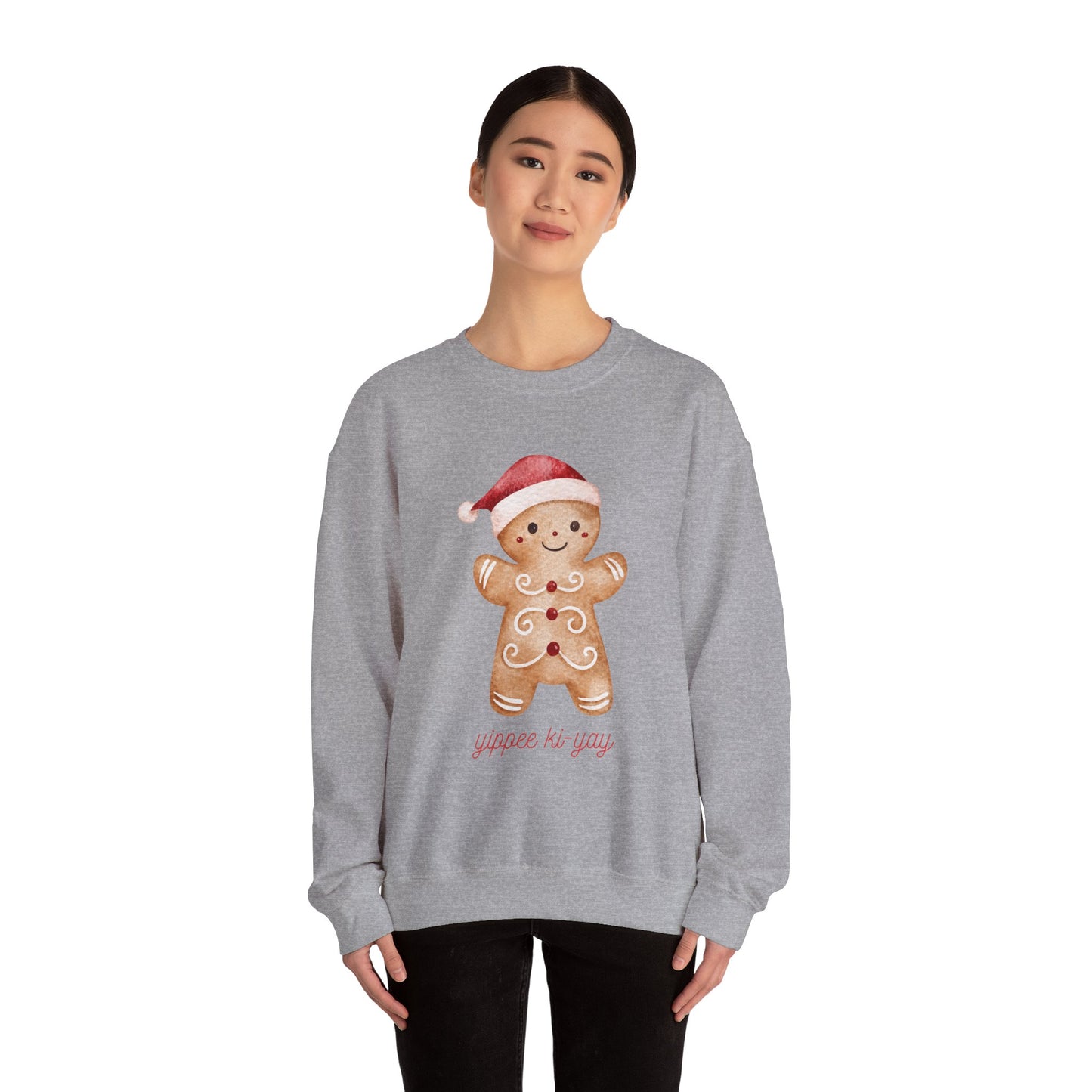 Crewneck Sweatshirt — Cute Gingerbread Cookie Santa Hat “Yippee Ki-Yay” Holiday Pullover