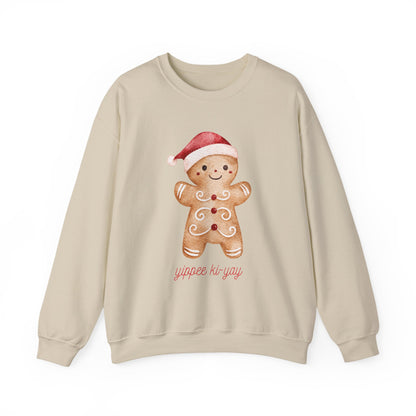Crewneck Sweatshirt — Cute Gingerbread Cookie Santa Hat “Yippee Ki-Yay” Holiday Pullover