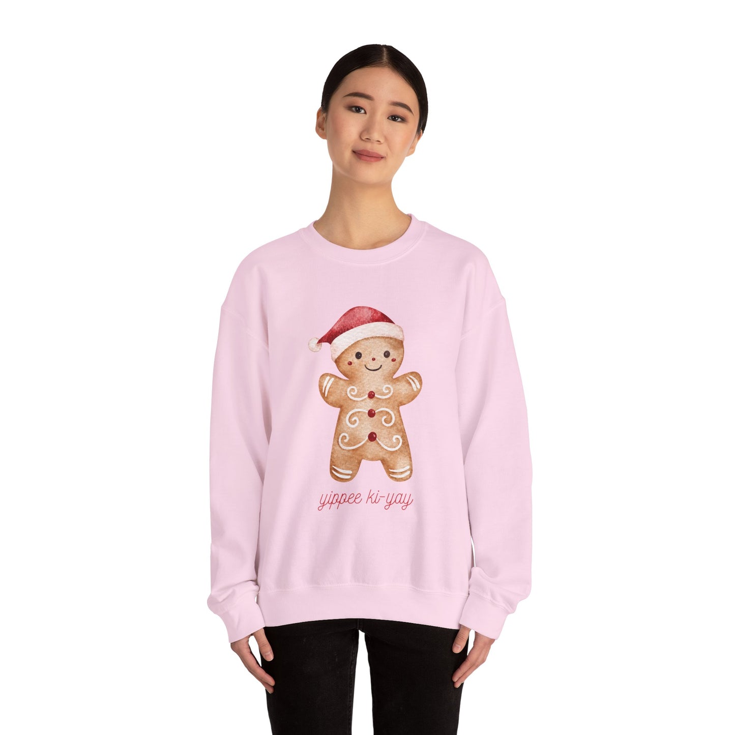 Crewneck Sweatshirt — Cute Gingerbread Cookie Santa Hat “Yippee Ki-Yay” Holiday Pullover