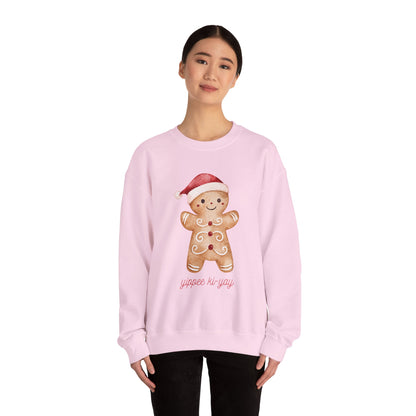Crewneck Sweatshirt — Cute Gingerbread Cookie Santa Hat “Yippee Ki-Yay” Holiday Pullover