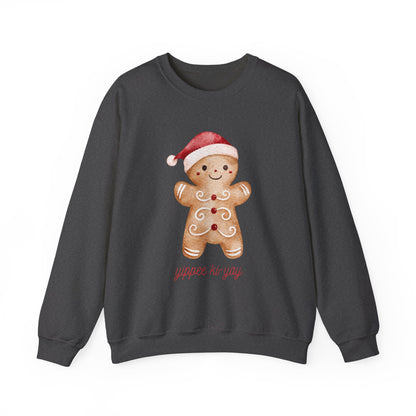Crewneck Sweatshirt — Cute Gingerbread Cookie Santa Hat “Yippee Ki-Yay” Holiday Pullover